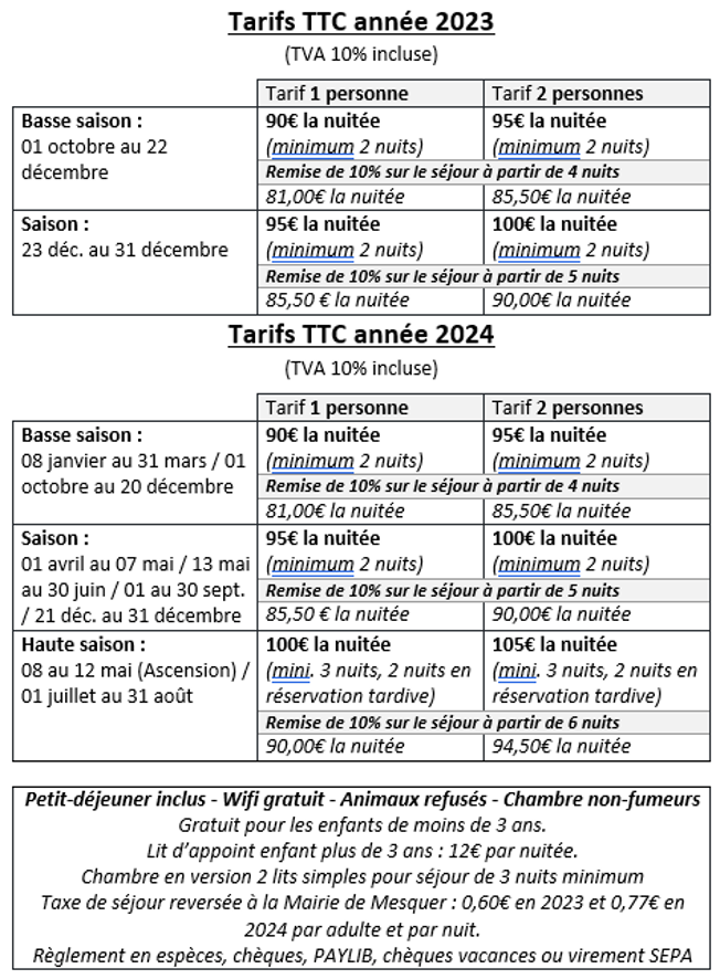 tarifs 2023 - 2024